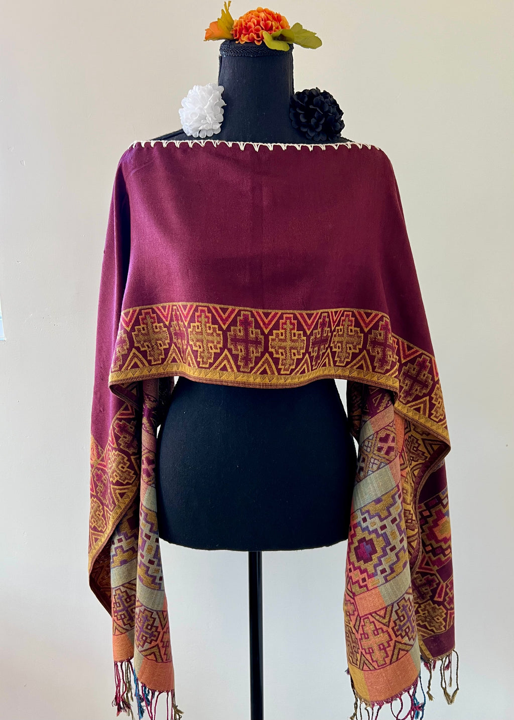 Geometric Border Rebozo-Style Woven Shawl / Multi-Way Cover-Up