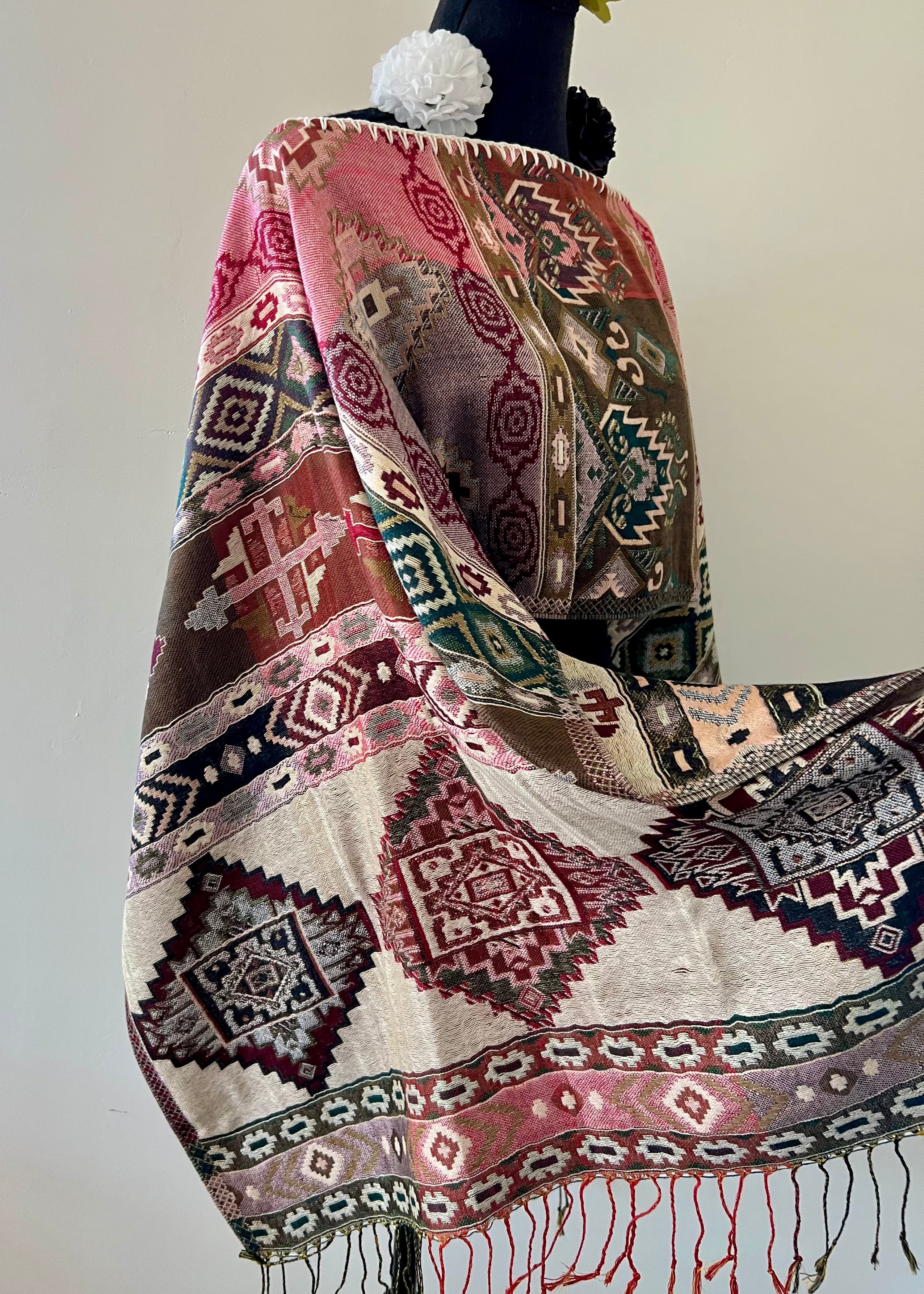Geometric Rebozo-Style Woven Shawl / Multi-Way Cover-Up