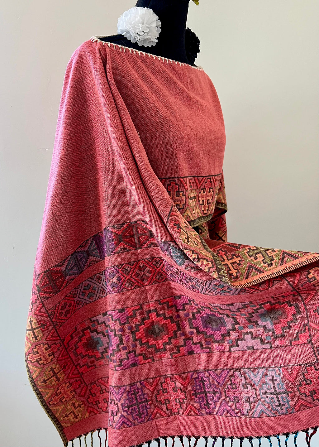 Geometric Border Rebozo-Style Woven Shawl / Multi-Way Cover-Up