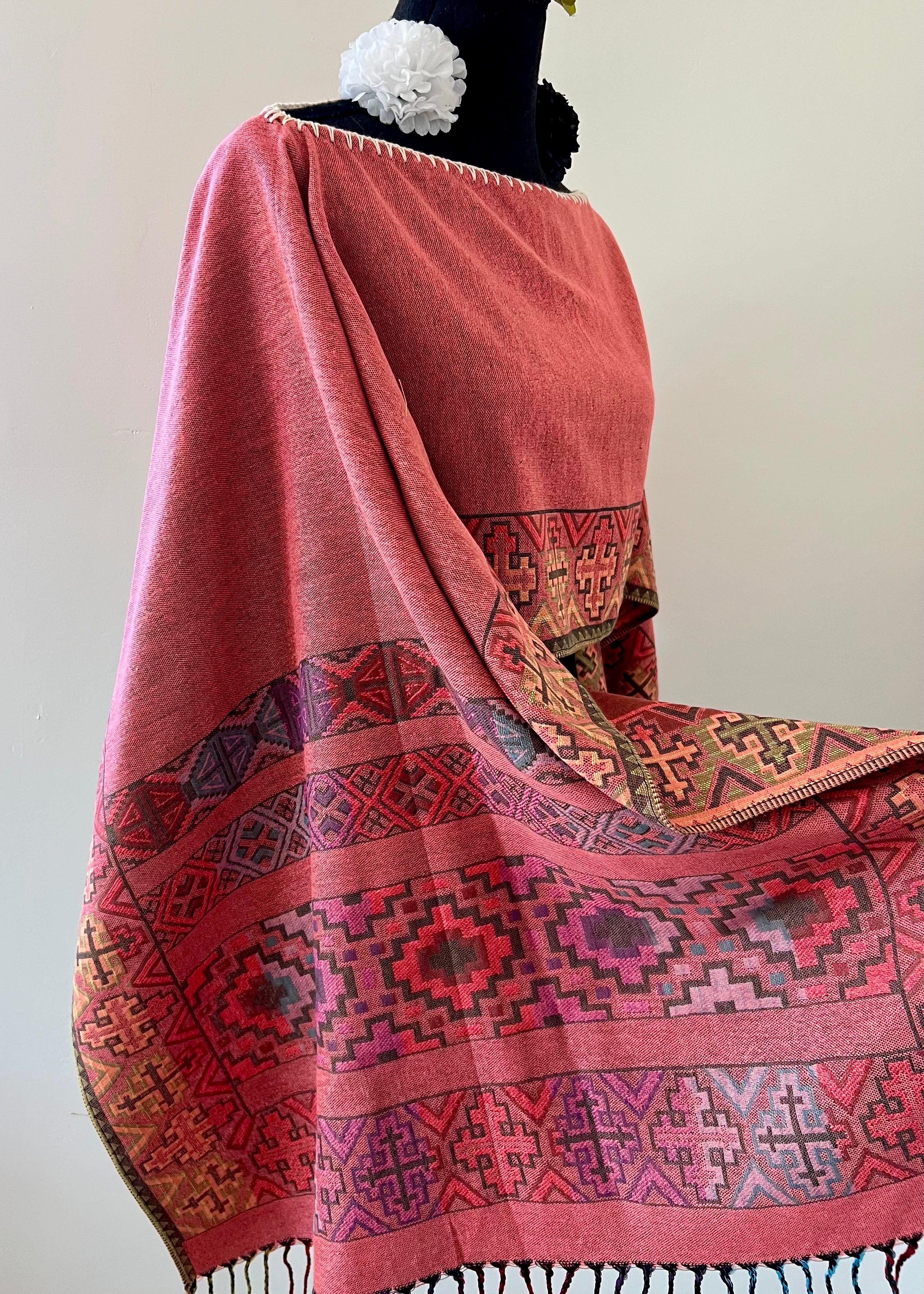 Geometric Border Rebozo-Style Woven Shawl / Multi-Way Cover-Up