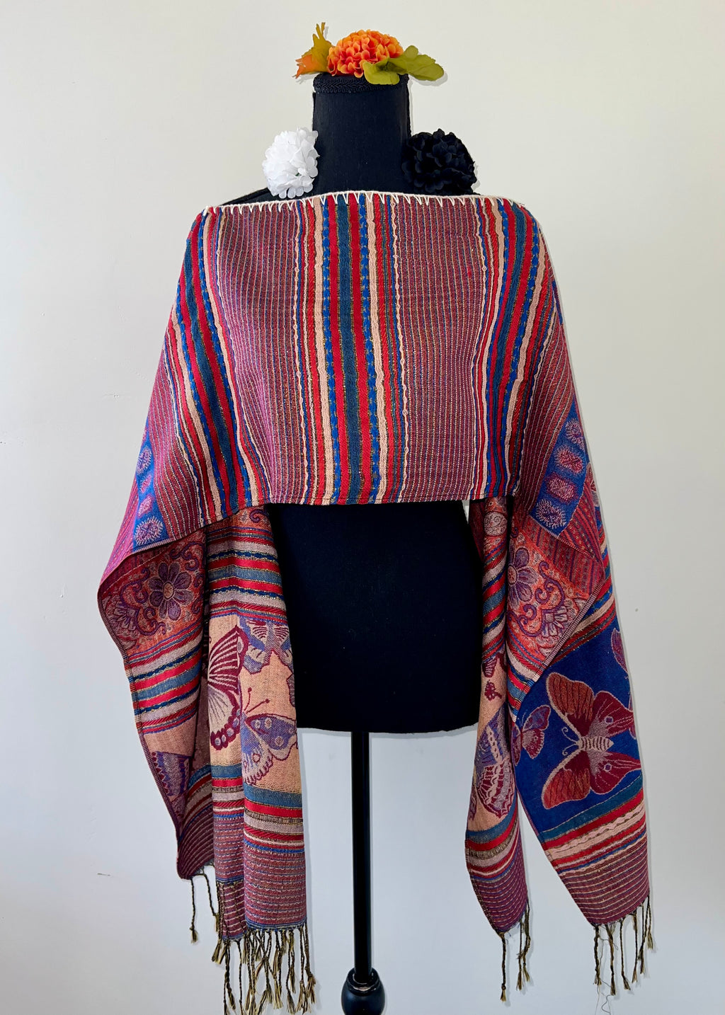 Butterfly and Stripe Rebozo-Style Woven Shawl / Multi-Way Cover-Up