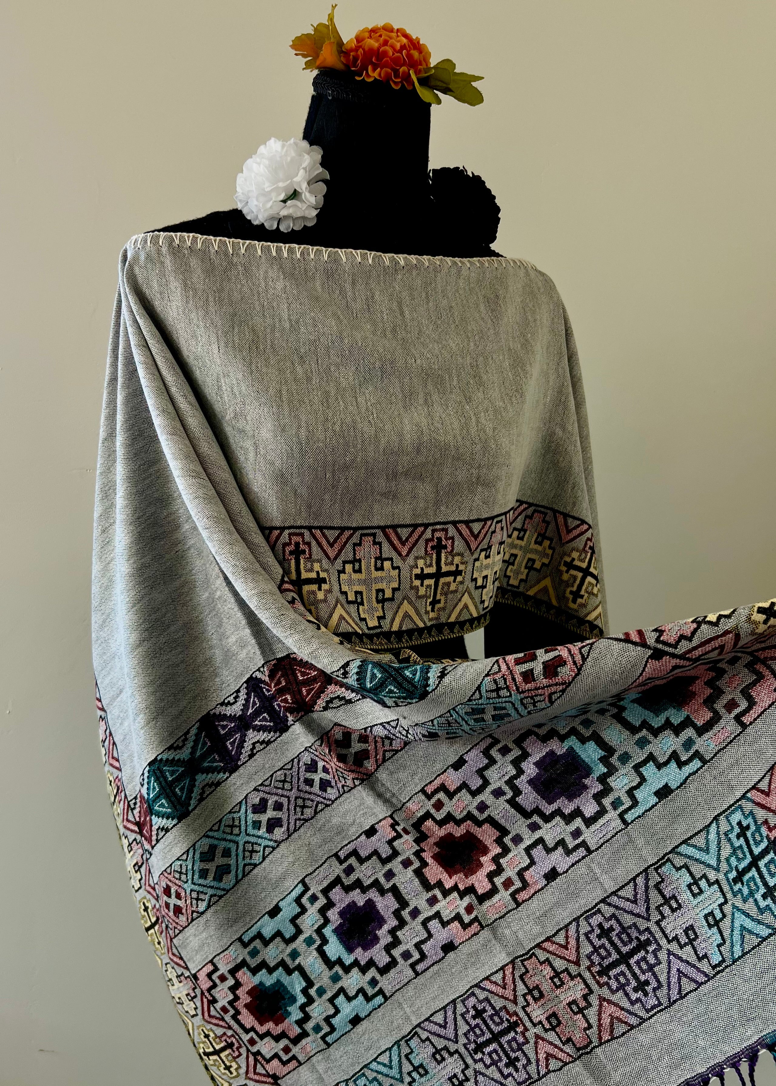 Geometric Border Rebozo-Style Woven Shawl / Multi-Way Cover-Up