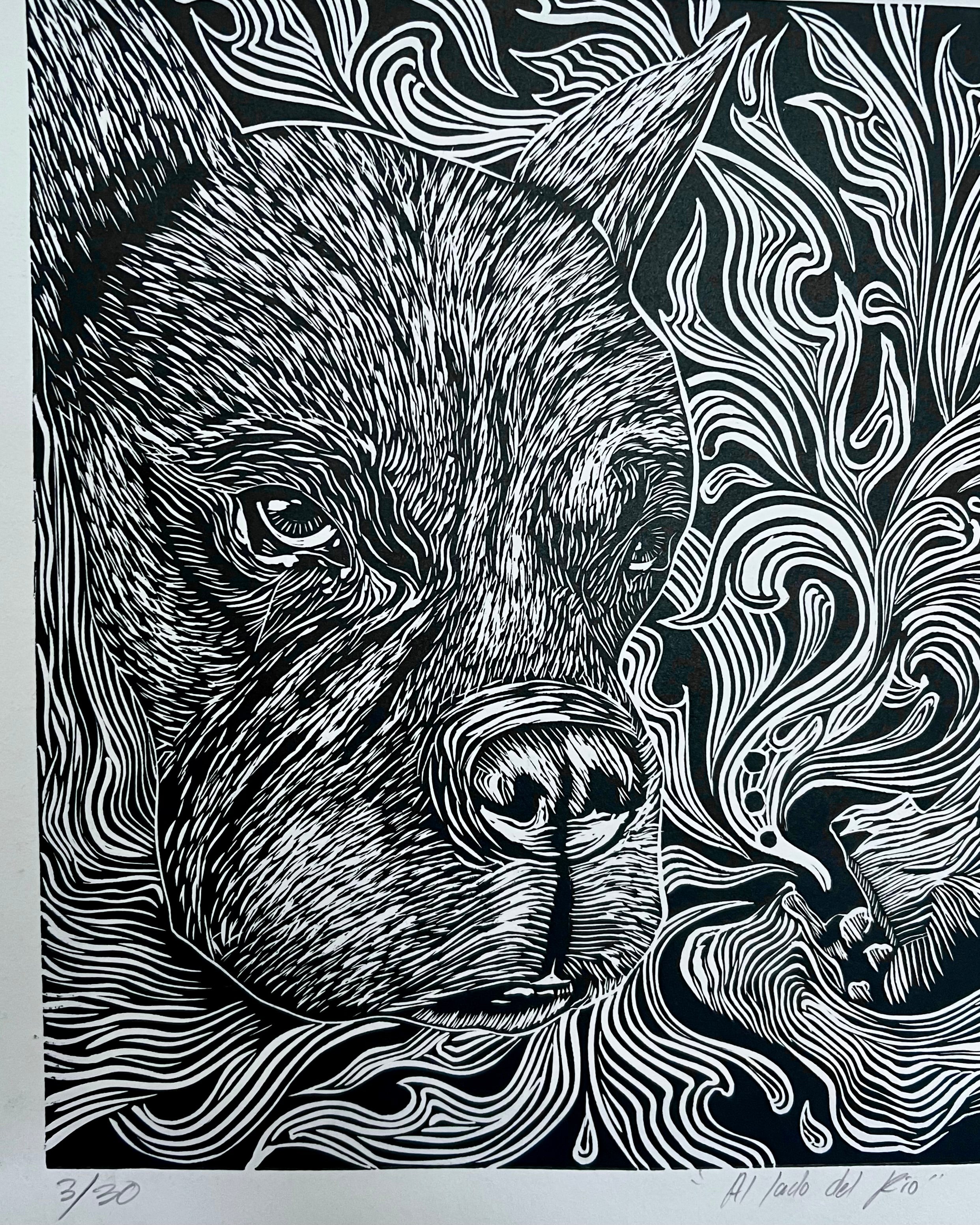 “Al Lado Del Rio” by Leon Arrazola- Grabado- Woodcut Printmaking 3/30