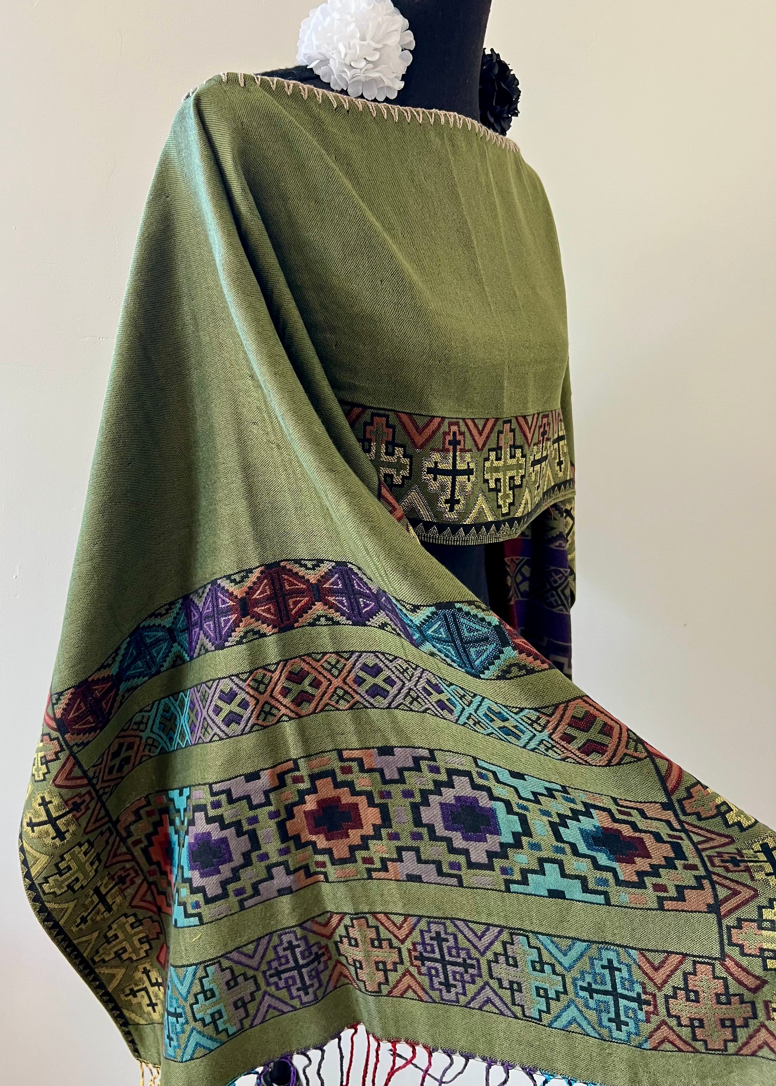 Geometric Border Rebozo-Style Woven Shawl / Multi-Way Cover-Up
