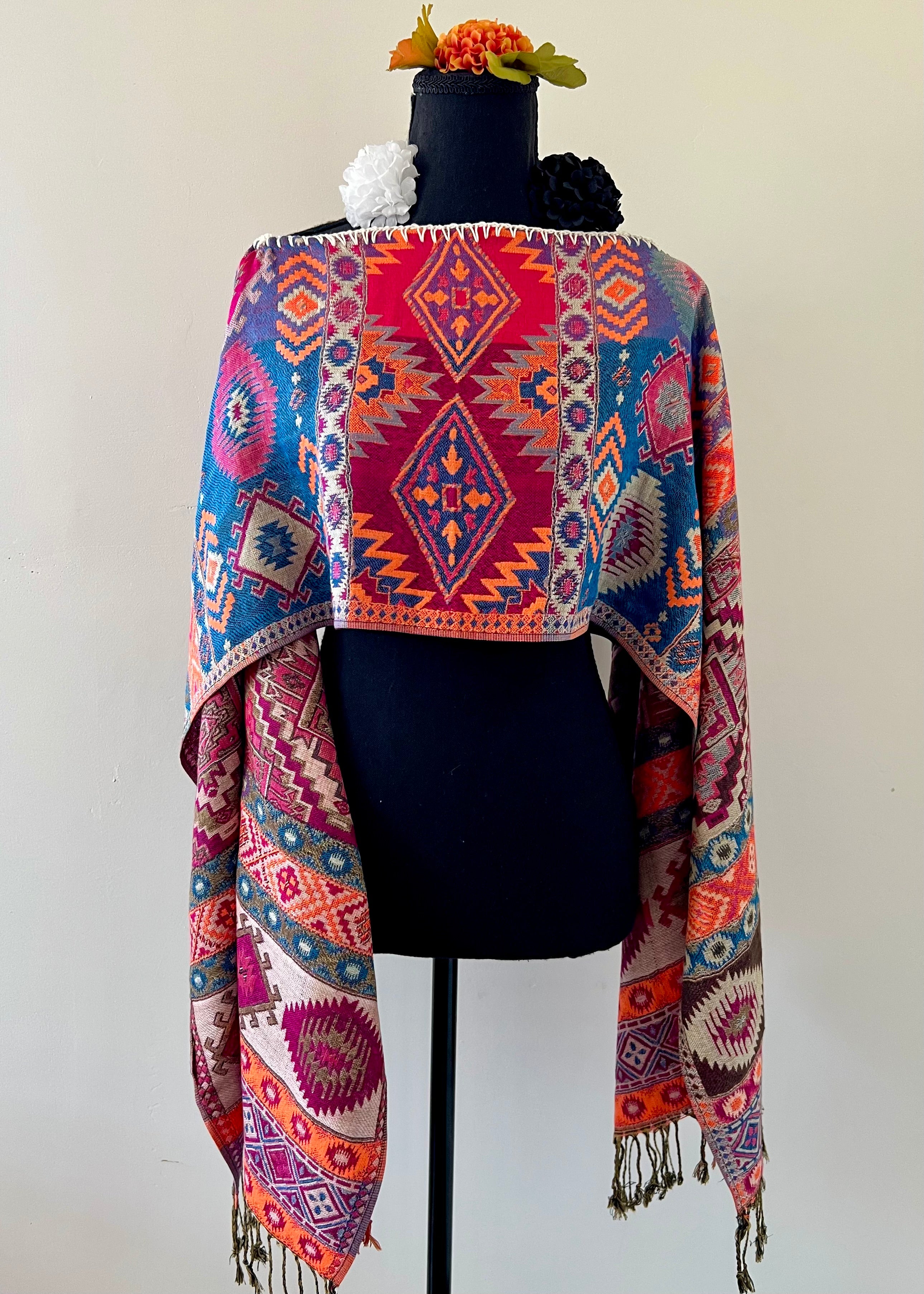 Geometric Rebozo-Style Woven Shawl / Multi-Way Cover-Up
