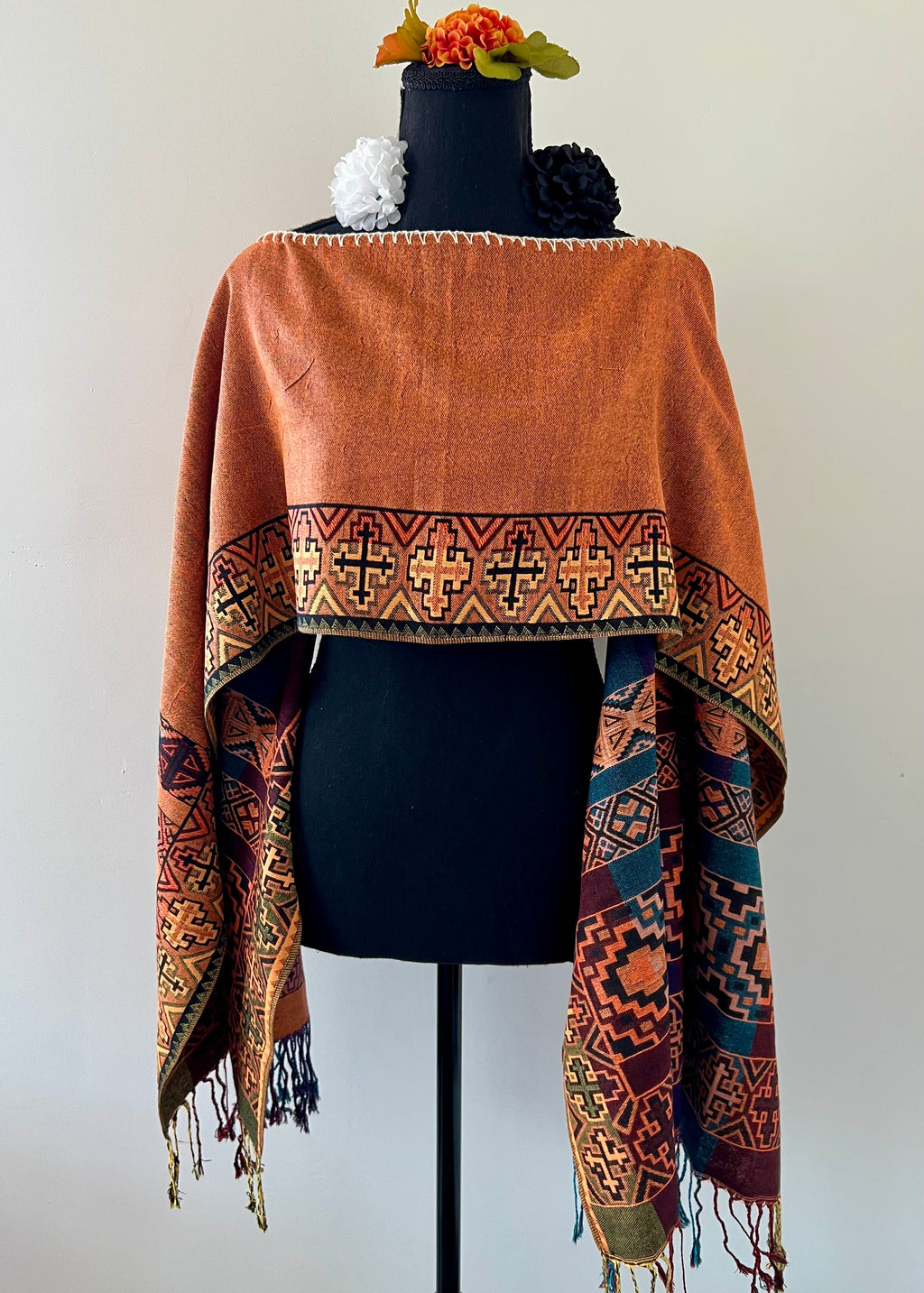 Geometric Border Rebozo-Style Woven Shawl / Multi-Way Cover-Up