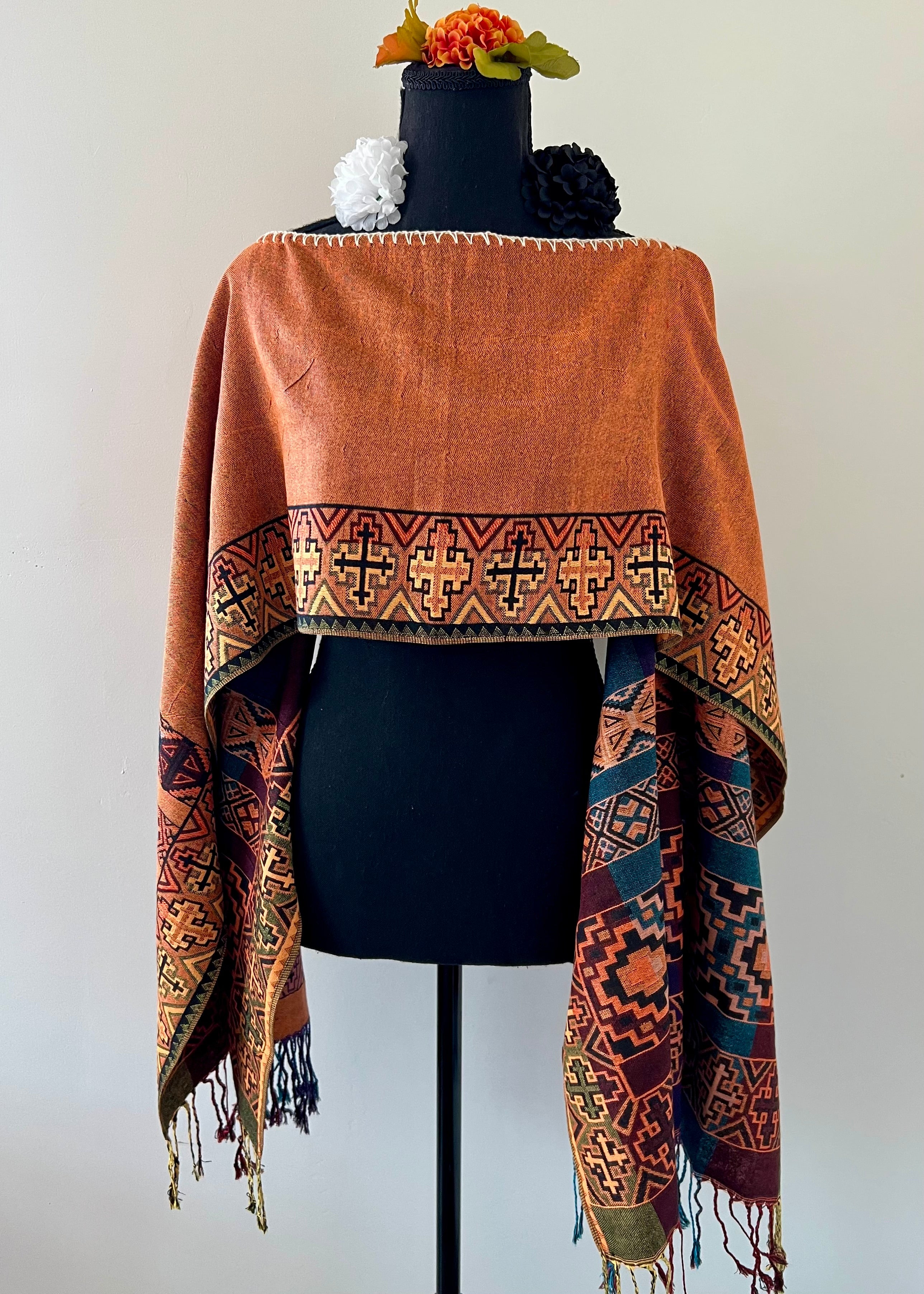 Geometric Border Rebozo-Style Woven Shawl / Multi-Way Cover-Up