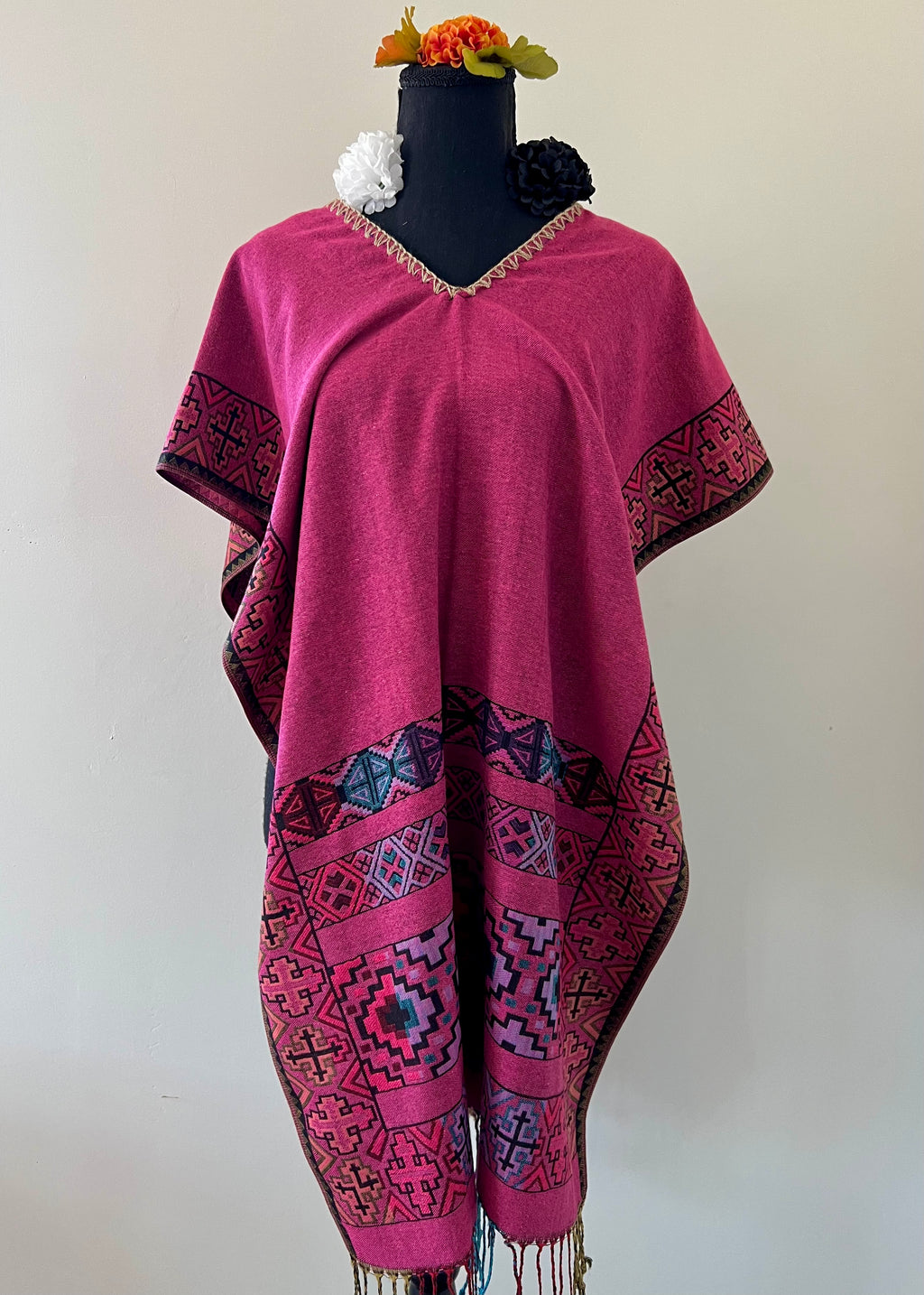 Geometric Border Rebozo-Style Woven Shawl / Multi-Way Cover-Up