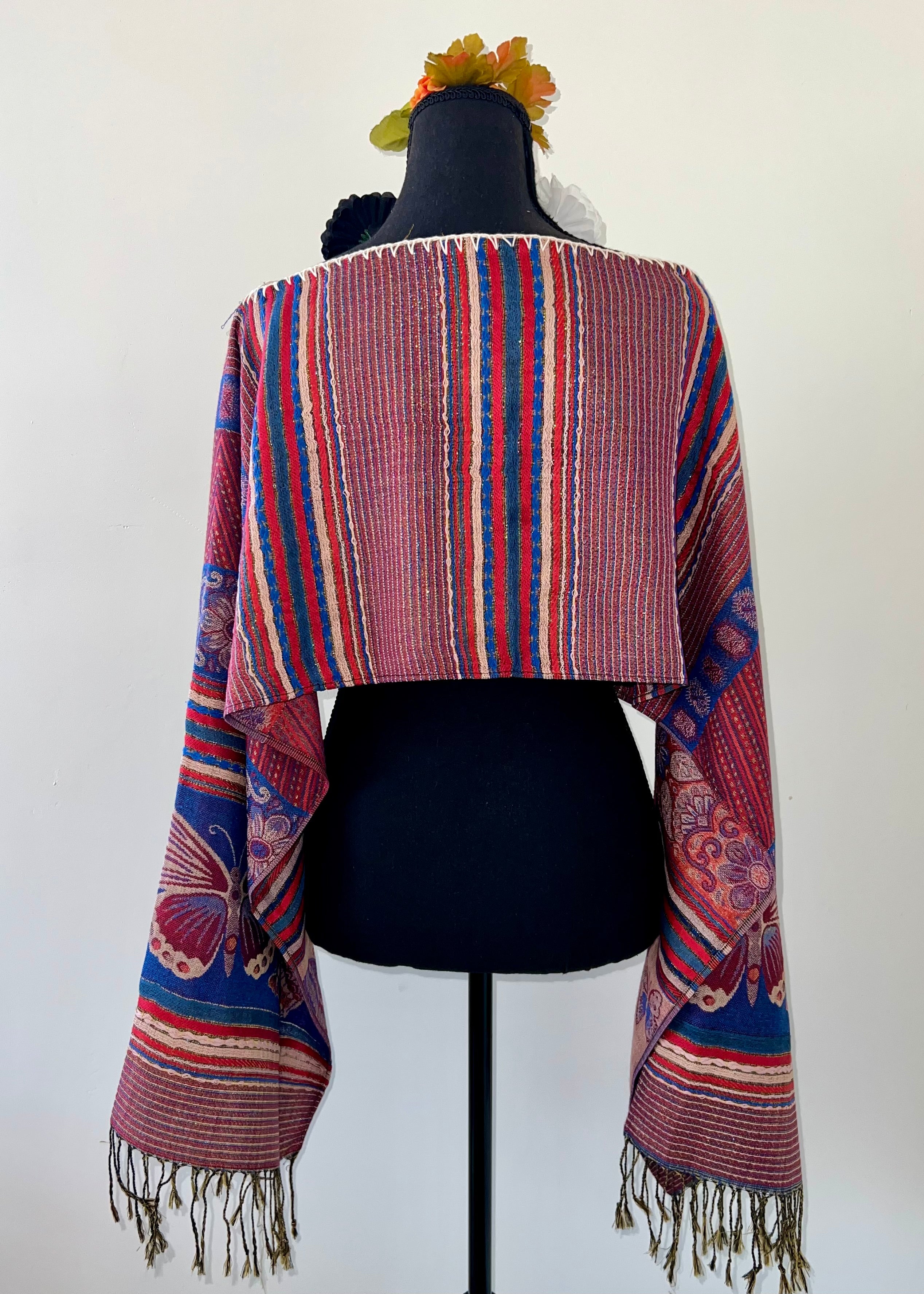Butterfly and Stripe Rebozo-Style Woven Shawl / Multi-Way Cover-Up