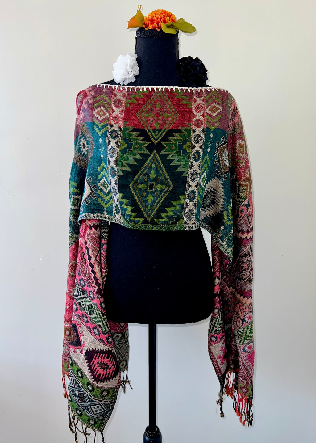 Geometric Rebozo-Style Woven Shawl / Multi-Way Cover-Up