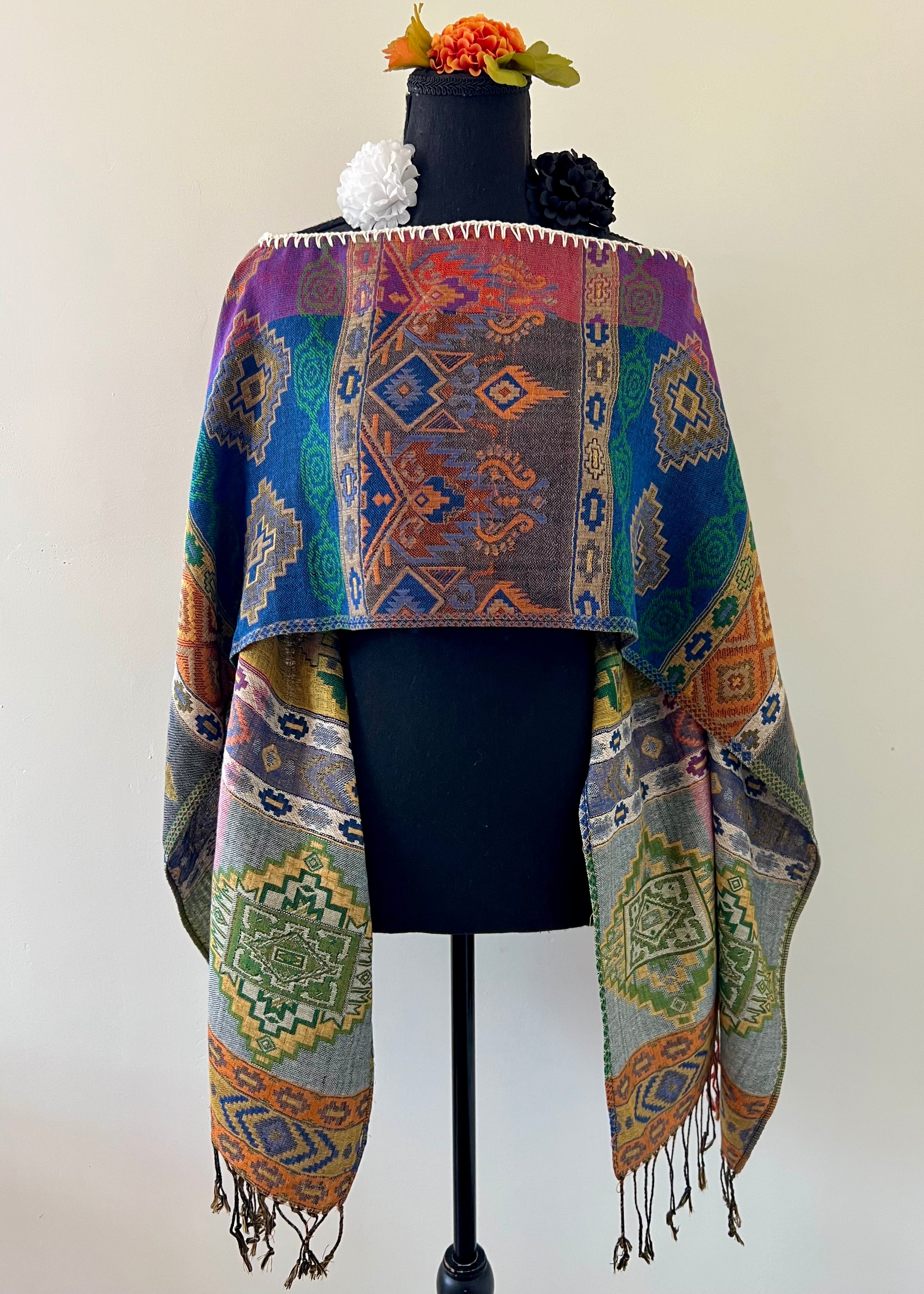 Geometric Rebozo-Style Woven Shawl / Multi-Way Cover-Up