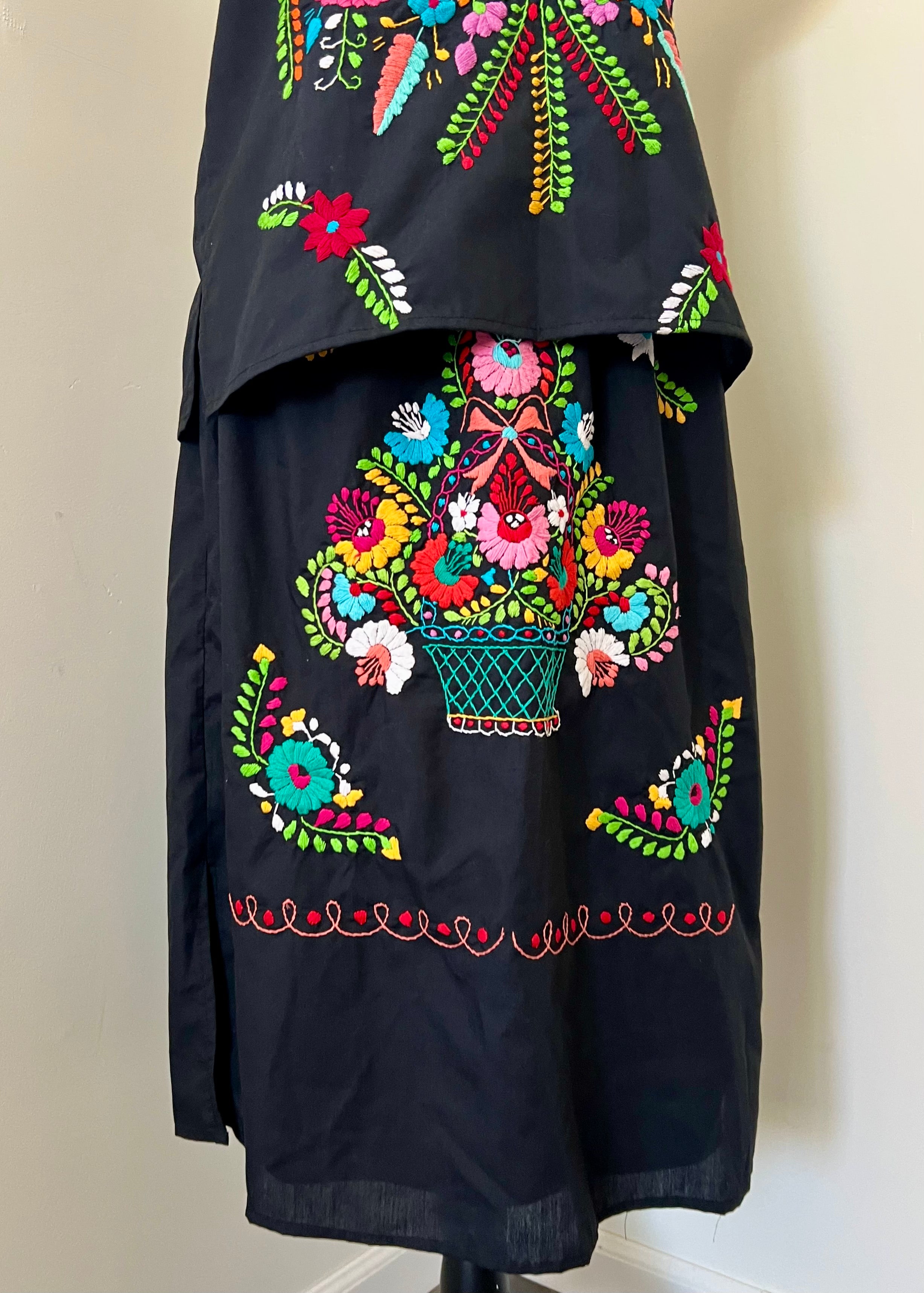 Handmade Embroidered Two-Piece Set (Black Floral Top & Skirt)