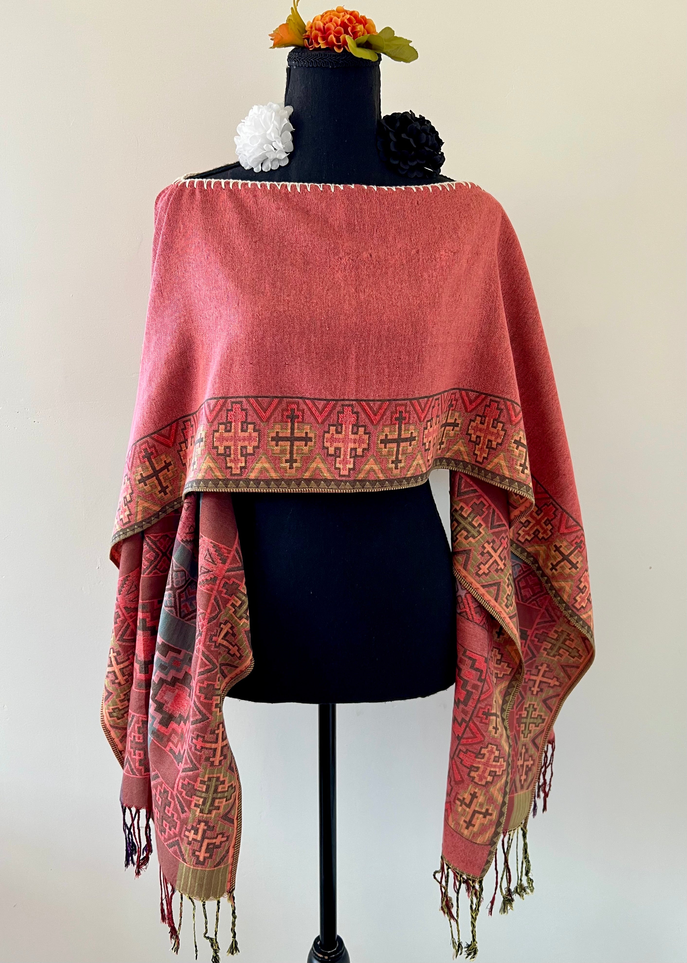 Geometric Border Rebozo-Style Woven Shawl / Multi-Way Cover-Up