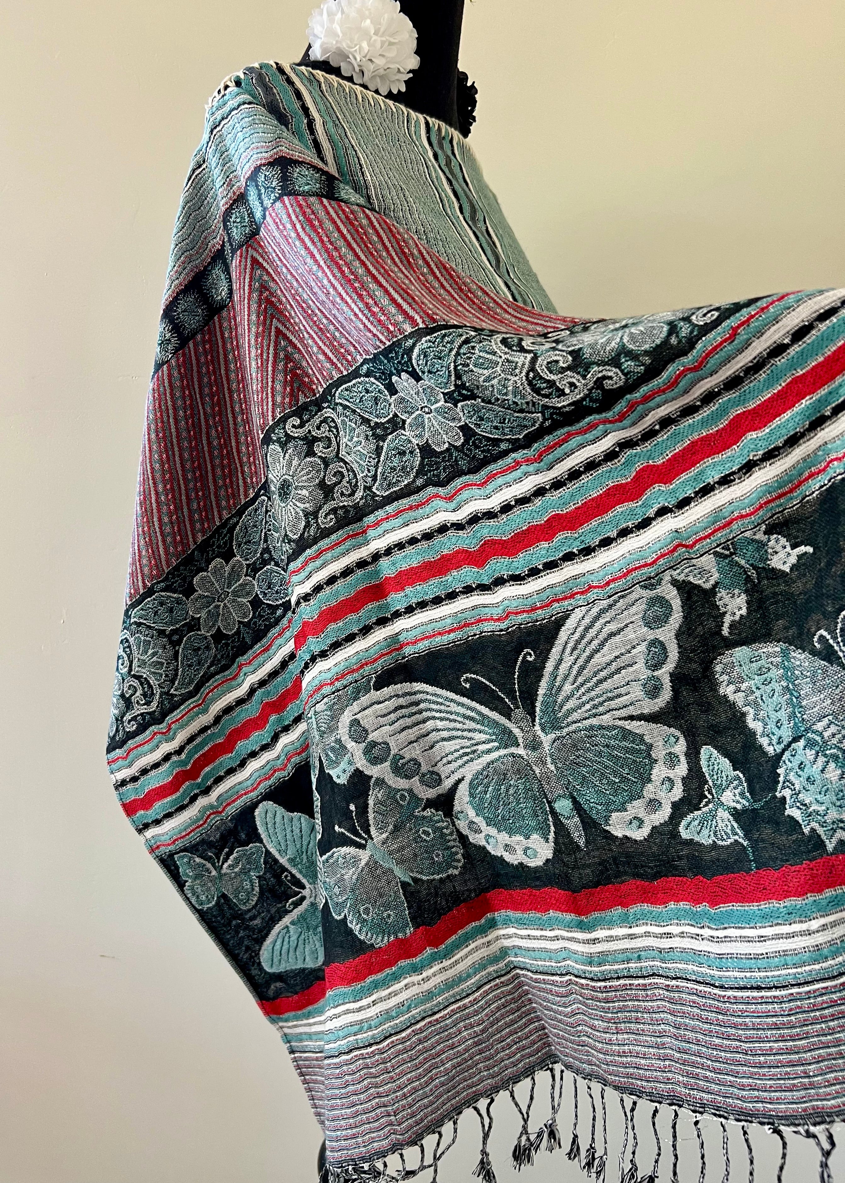 Butterfly and Stripe Rebozo-Style Woven Shawl / Multi-Way Cover-Up