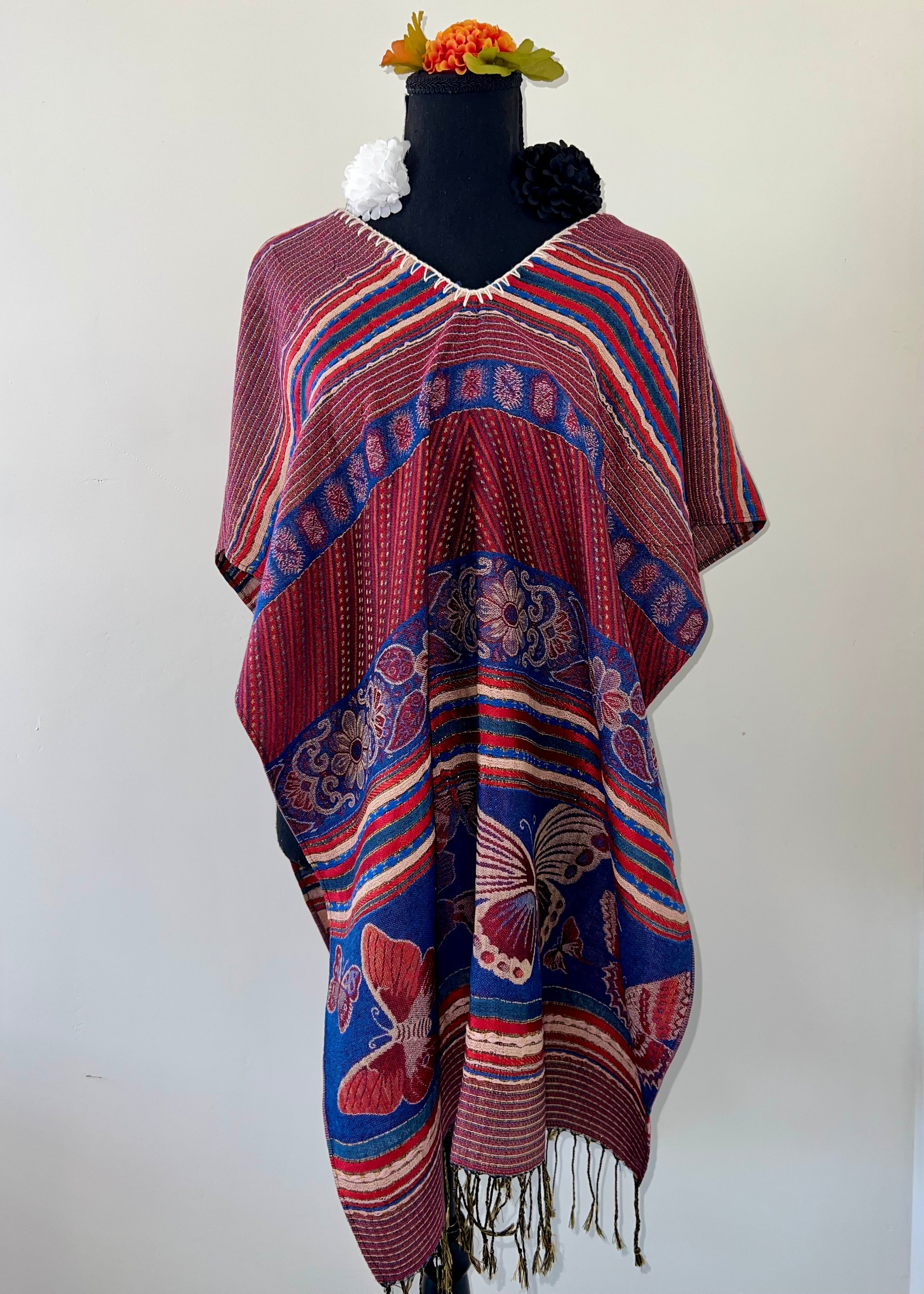 Butterfly and Stripe Rebozo-Style Woven Shawl / Multi-Way Cover-Up