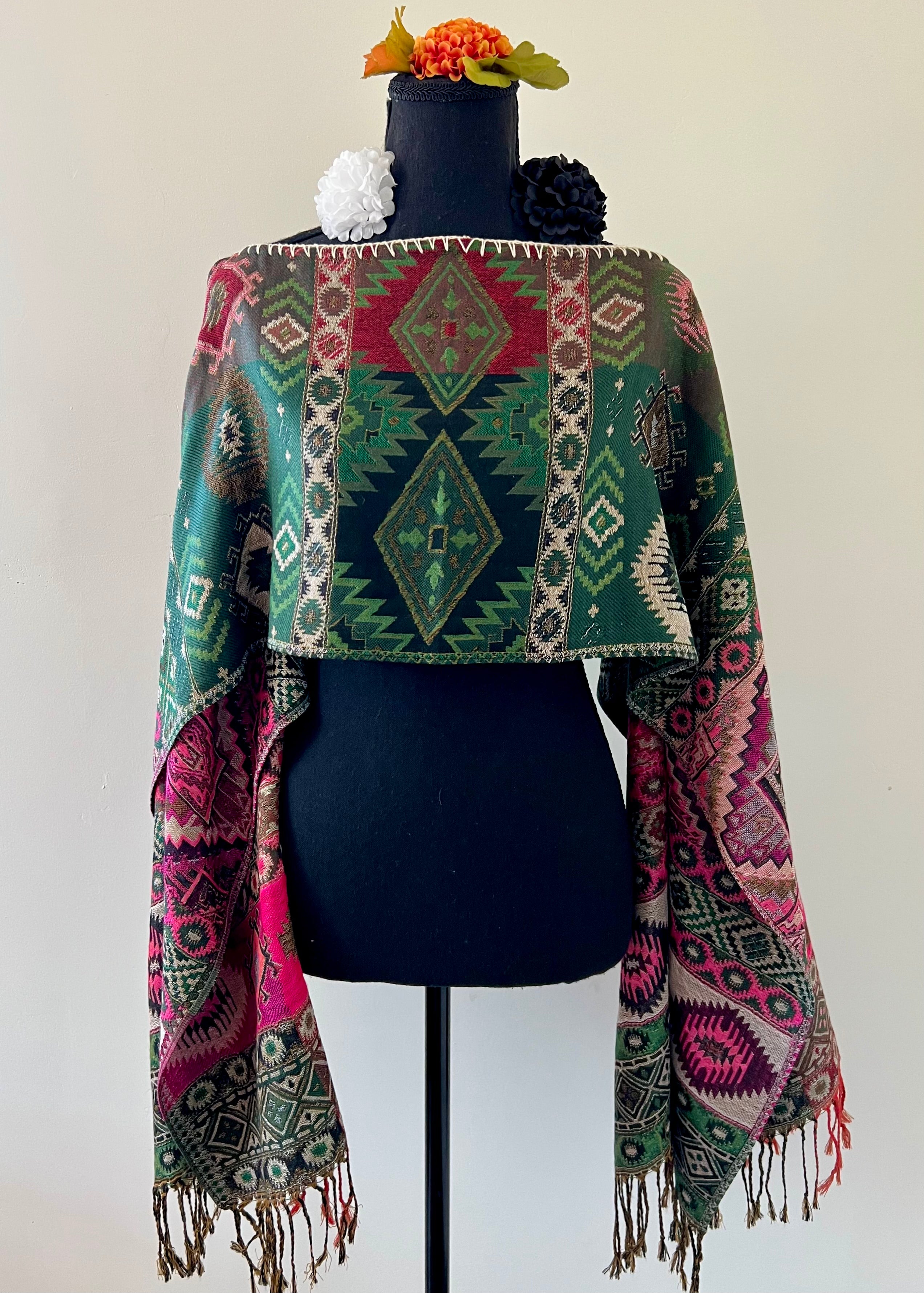 Geometric Rebozo-Style Woven Shawl / Multi-Way Cover-Up