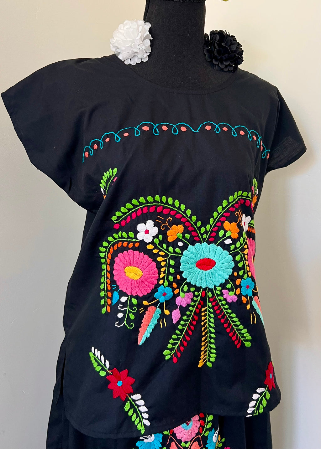 Handmade Embroidered Two-Piece Set (Black Floral Top & Skirt)