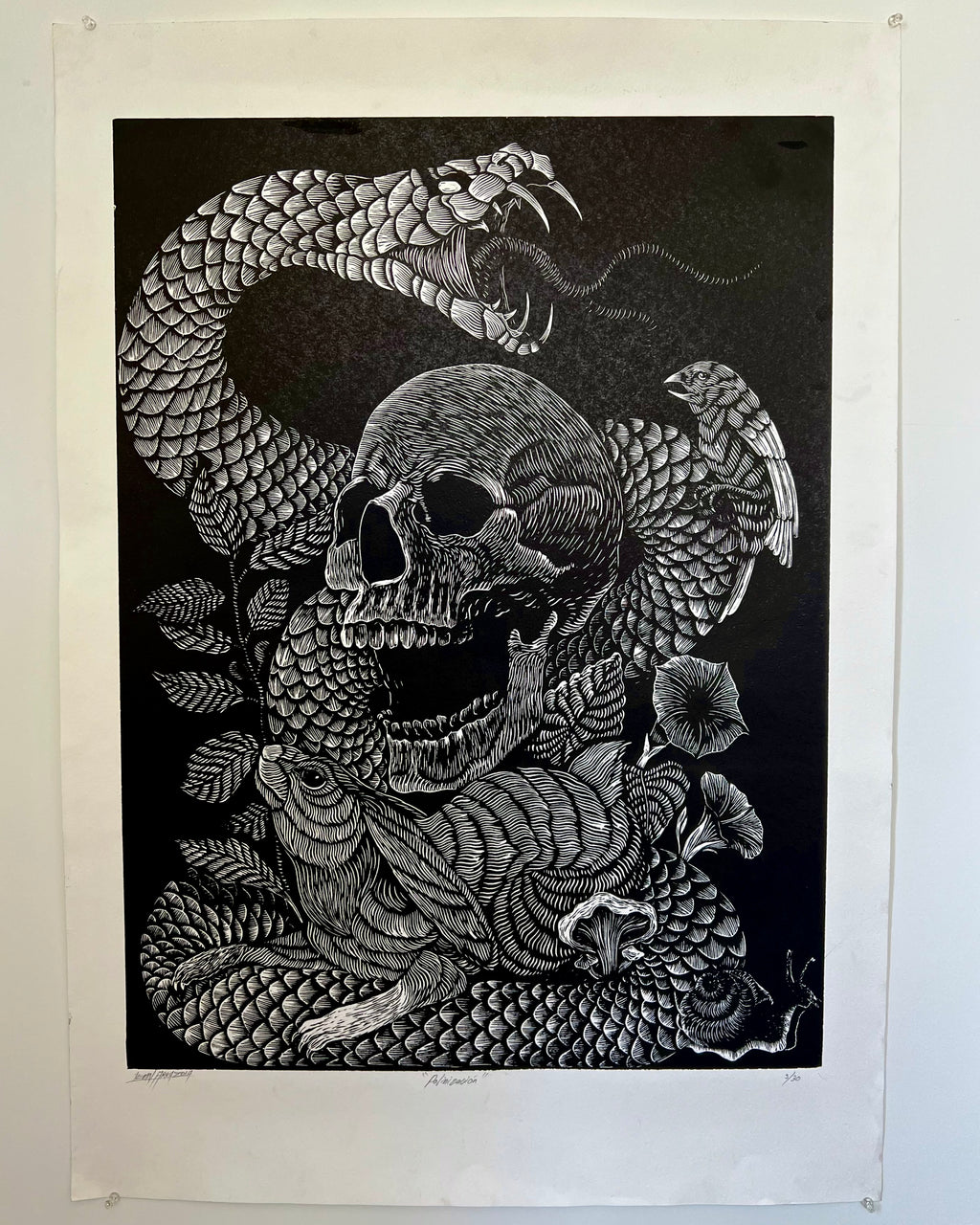 “Polinizacion” by Leon Arrazola- Grabado- Woodcut Printmaking 3/30