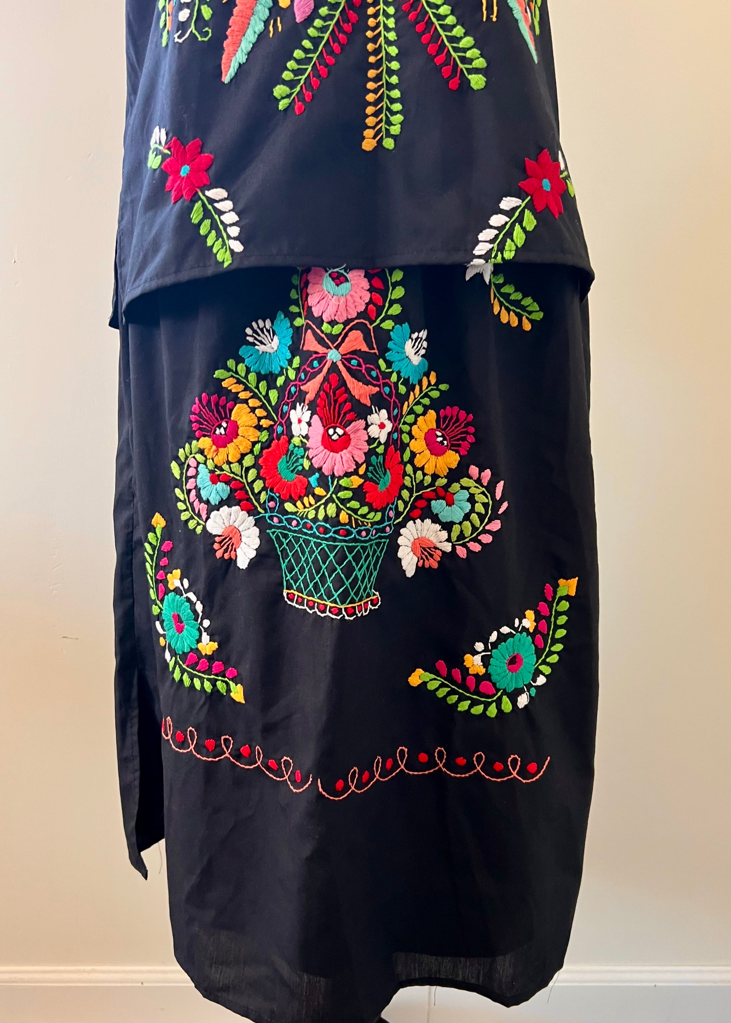 Handmade Embroidered Two-Piece Set (Black Floral Top & Skirt)