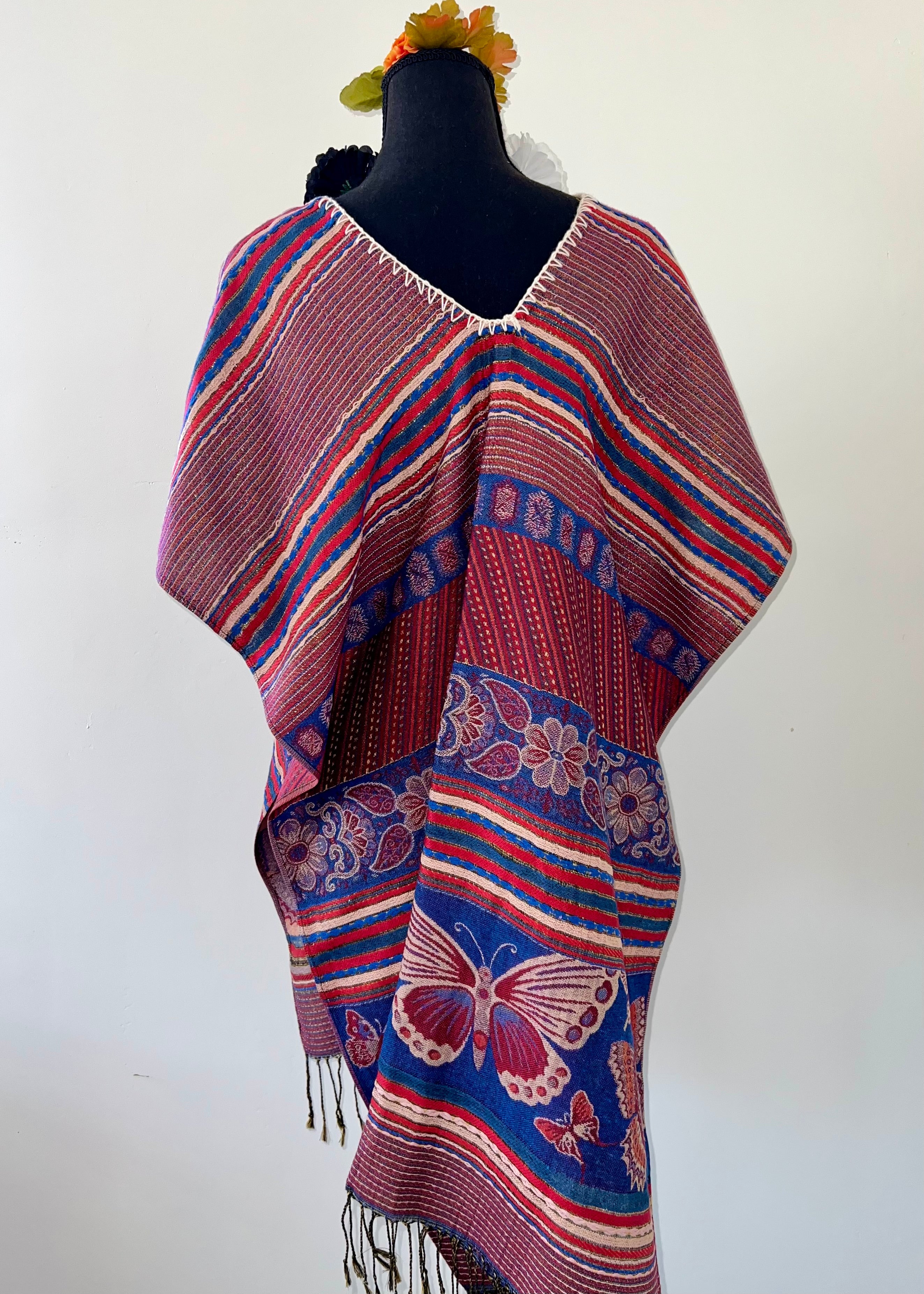 Butterfly and Stripe Rebozo-Style Woven Shawl / Multi-Way Cover-Up