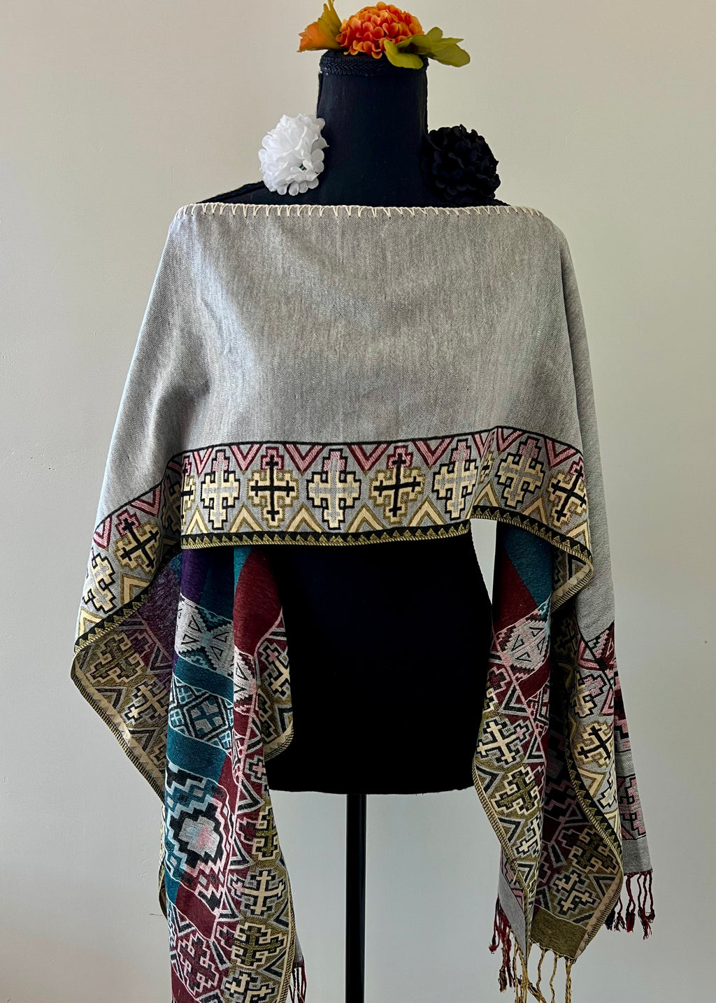 Geometric Border Rebozo-Style Woven Shawl / Multi-Way Cover-Up