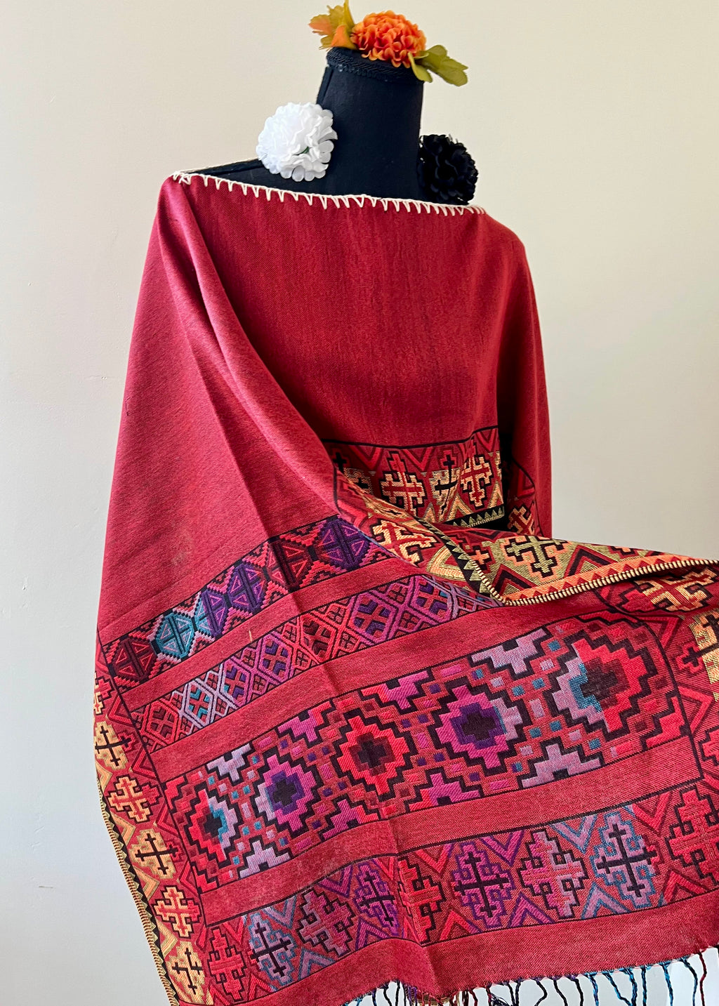 Geometric Border Rebozo-Style Woven Shawl / Multi-Way Cover-Up