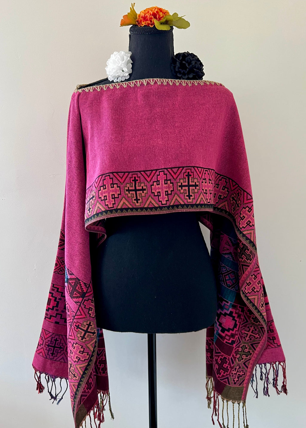 Geometric Border Rebozo-Style Woven Shawl / Multi-Way Cover-Up