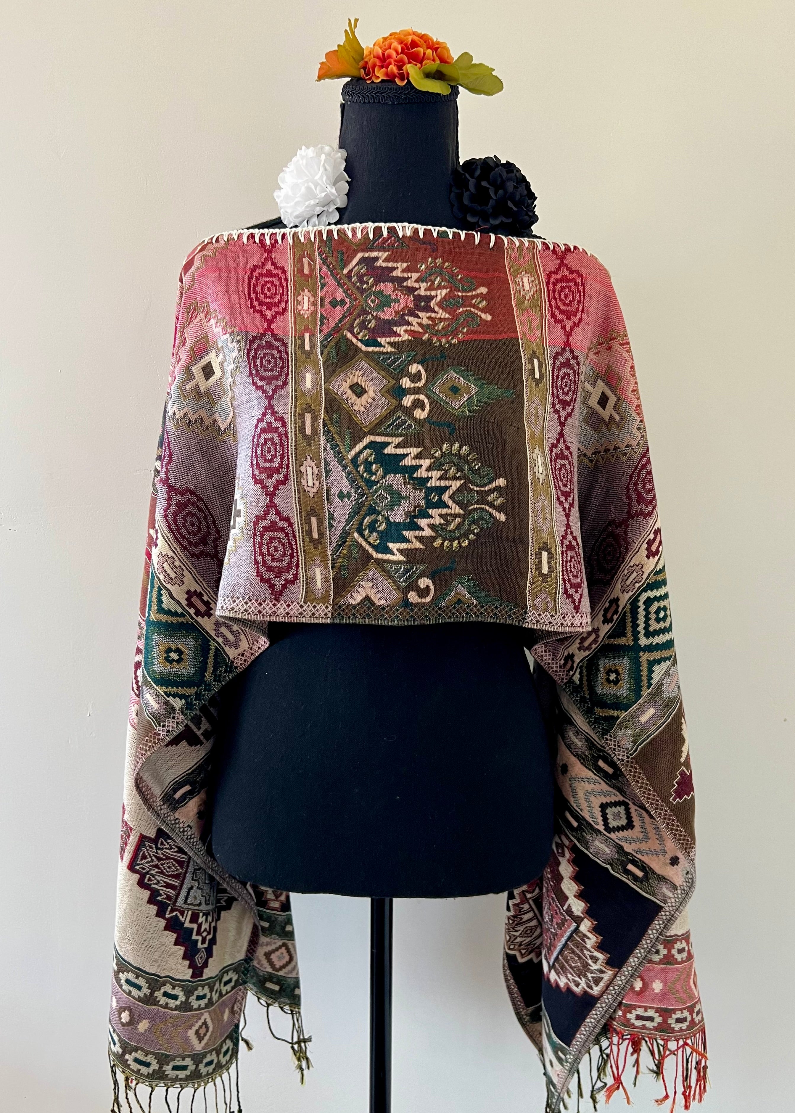 Geometric Rebozo-Style Woven Shawl / Multi-Way Cover-Up