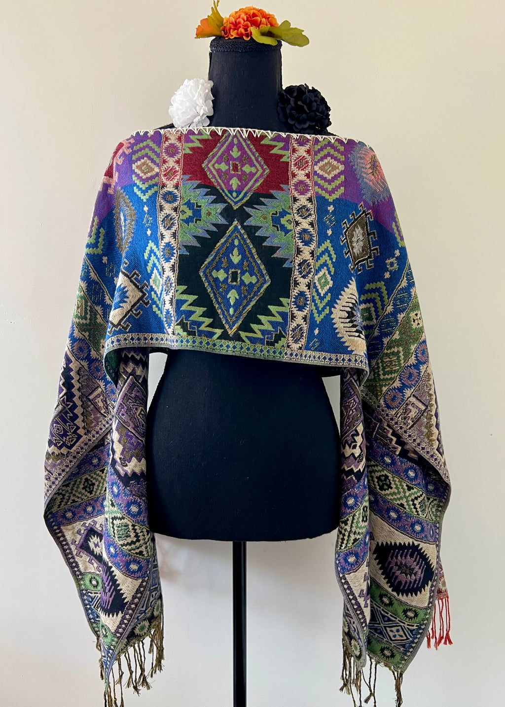 Geometric Rebozo-Style Woven Shawl / Multi-Way Cover-Up