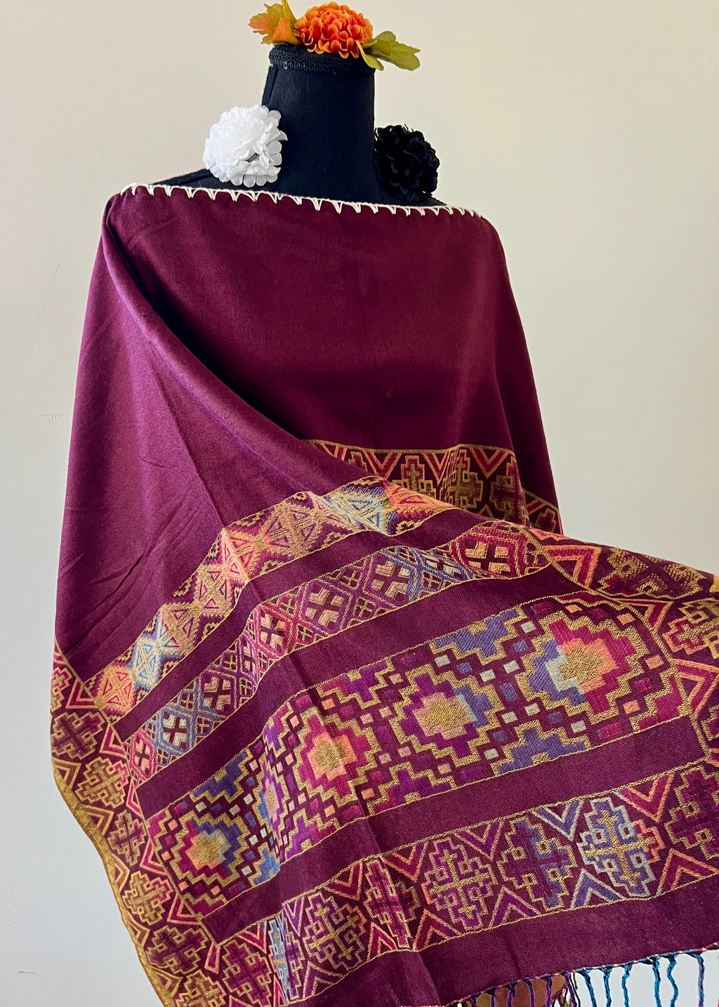 Geometric Border Rebozo-Style Woven Shawl / Multi-Way Cover-Up