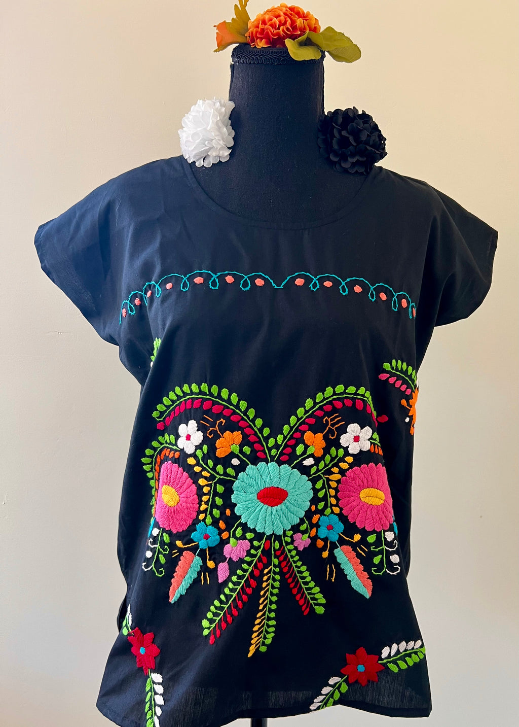 Handmade Embroidered Two-Piece Set (Black Floral Top & Skirt)