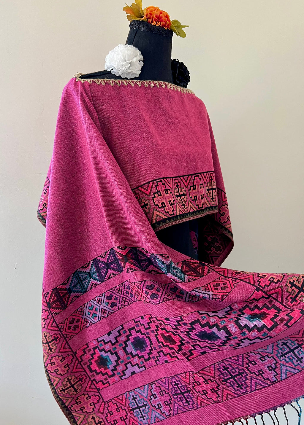 Geometric Border Rebozo-Style Woven Shawl / Multi-Way Cover-Up
