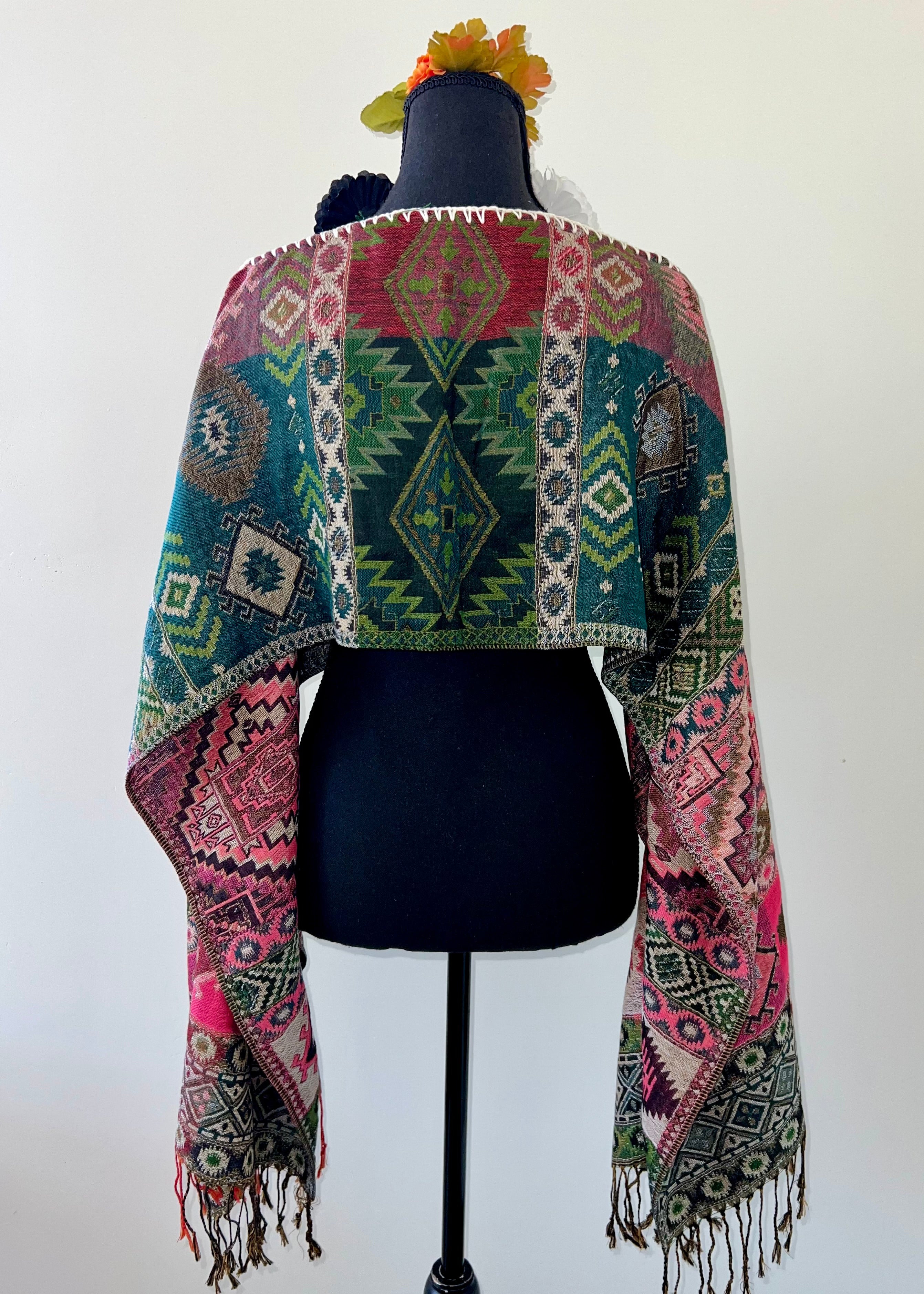 Geometric Rebozo-Style Woven Shawl / Multi-Way Cover-Up