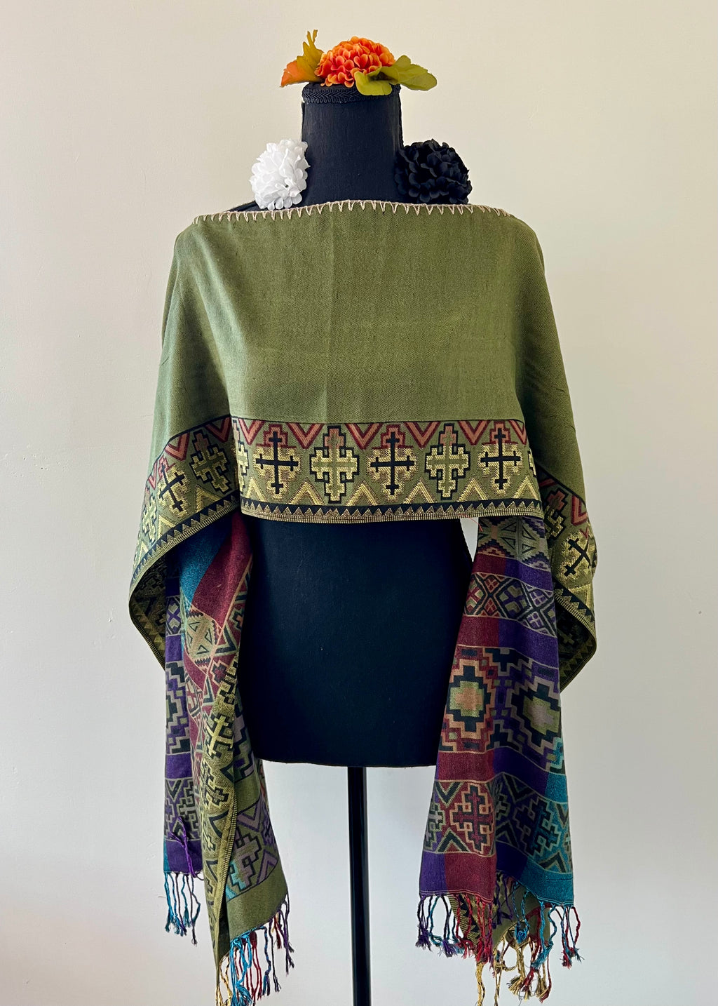 Geometric Border Rebozo-Style Woven Shawl / Multi-Way Cover-Up