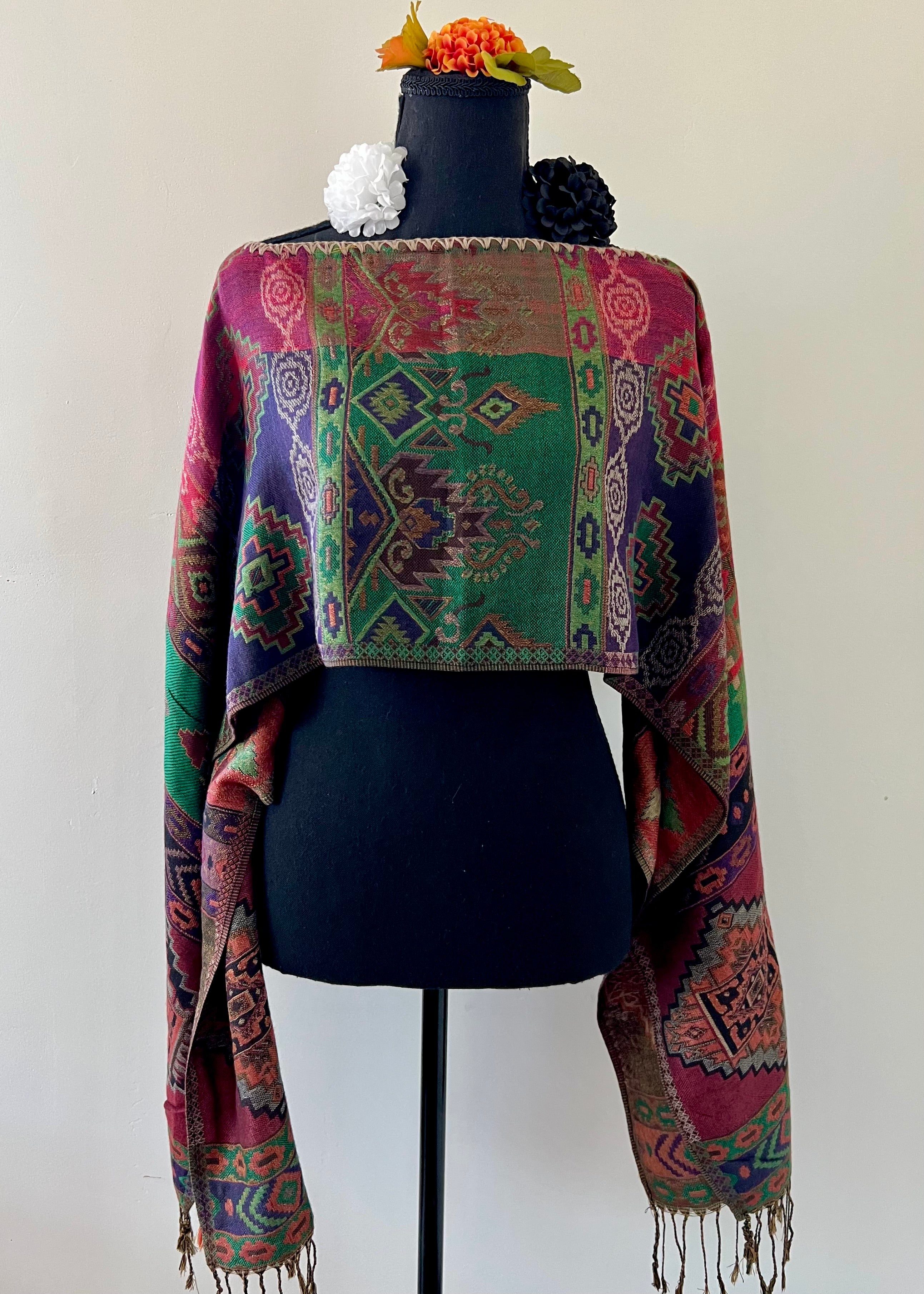 Geometric Rebozo-Style Woven Shawl / Multi-Way Cover-Up
