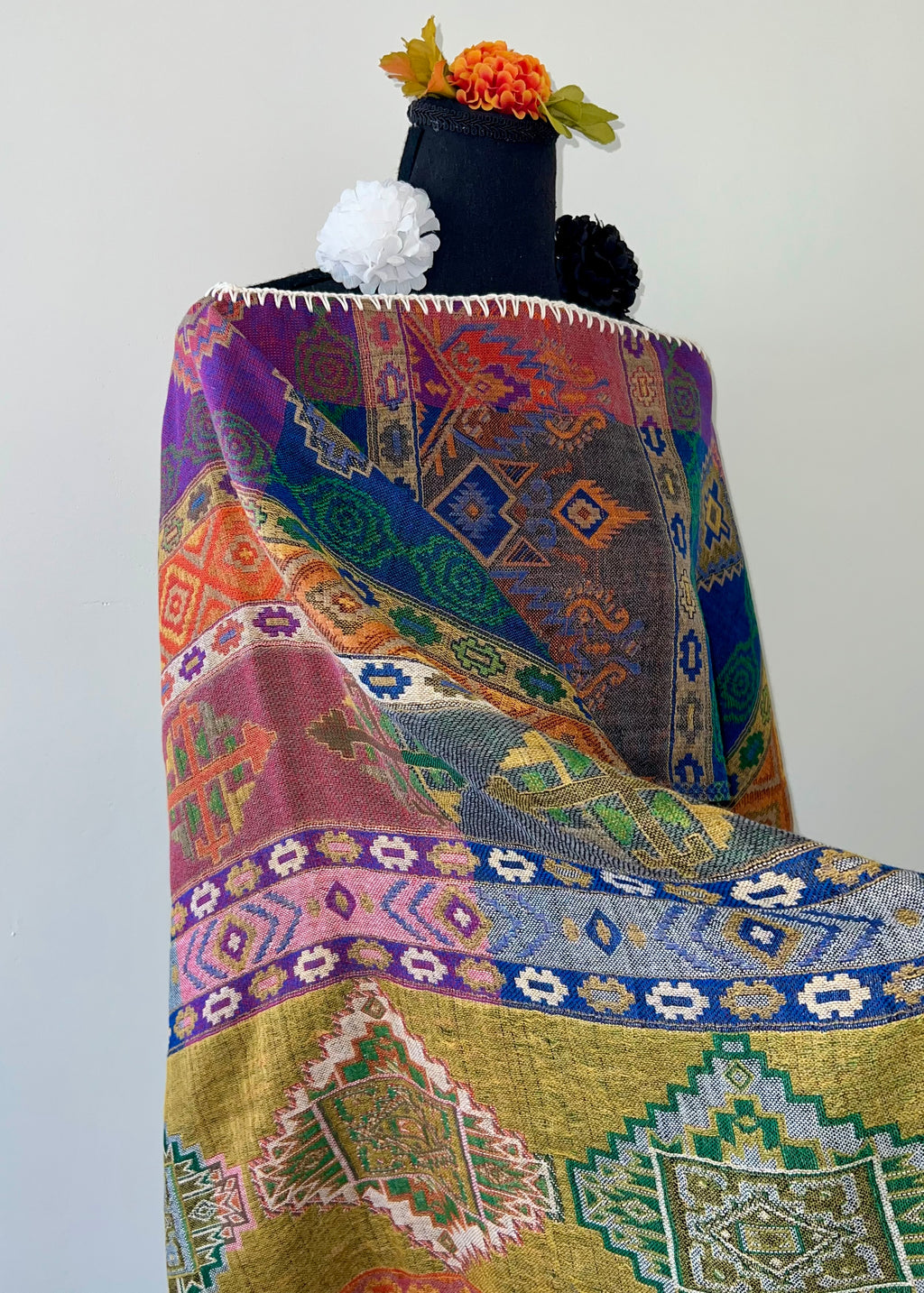 Geometric Rebozo-Style Woven Shawl / Multi-Way Cover-Up