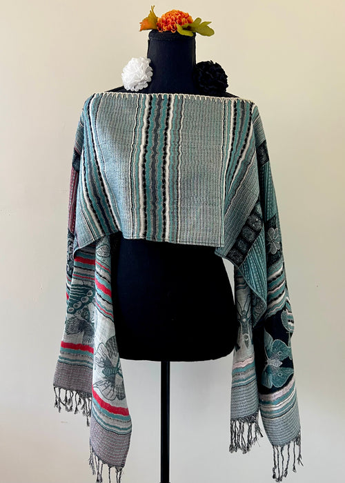 Butterfly and Stripe Rebozo-Style Woven Shawl / Multi-Way Cover-Up
