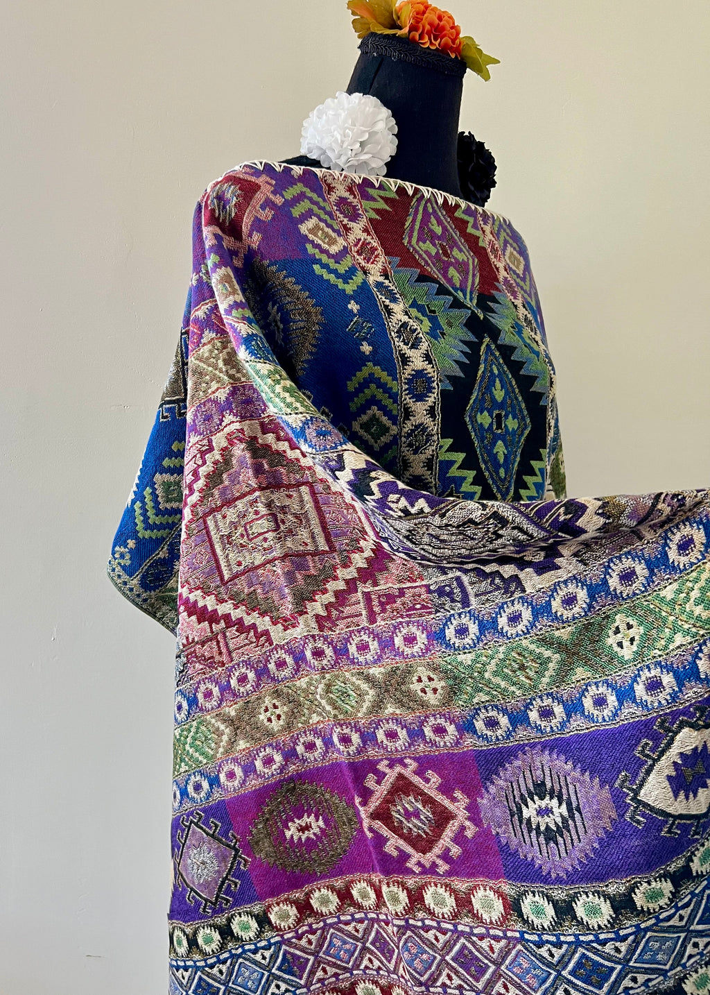 Geometric Rebozo-Style Woven Shawl / Multi-Way Cover-Up
